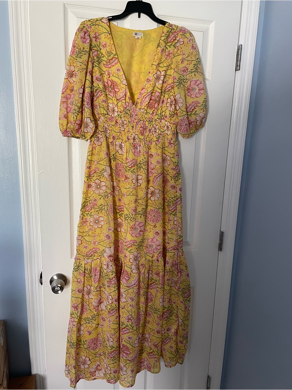 Billabong Spellbound Yellow Floral Puff-Sleeve Maxi Dress M